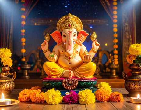 Lord ganesh with marigold flowers and diyas on floor temple scene