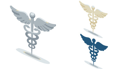 Caduceus symbol with wings and snakes in isometric design
