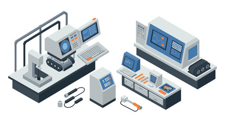 Modern industrial machines in isometric design with control panels and electronic equipment