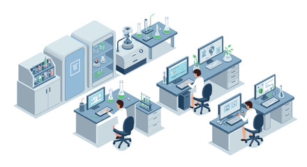 Modern isometric laboratory with scientists analyzing data and conducting experiments