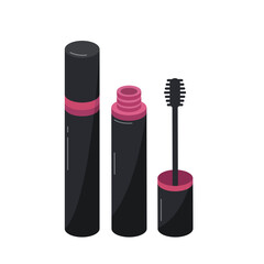Isometric Black and Pink Mascara Set Featuring a Closed Tube an Open Tube and the Applicator Wand Displayed Separately Against a White Background Highlighting Cosmetic Products and Eye Makeup Tools