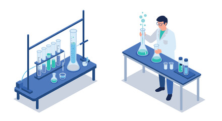 Isometric laboratory scene with scientist conducting experiments
