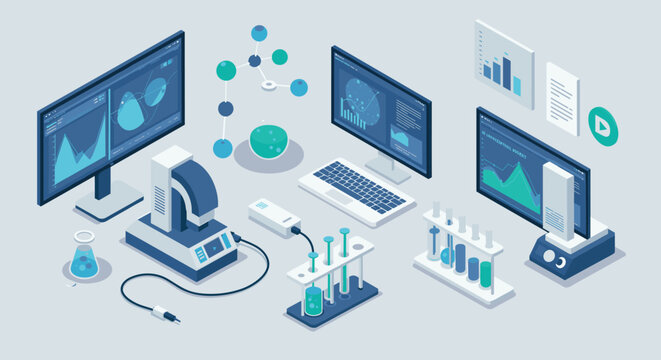 Isometric laboratory setup for data analysis and scientific research with modern technology
