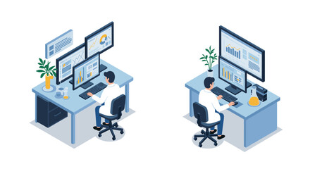 Isometric office workstations with dual monitors and analytics dashboard