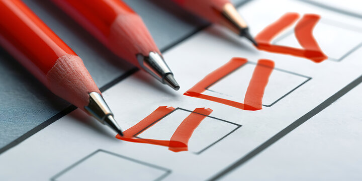 Red pencils marking checkboxes on a list, symbolizing completion and decision making.