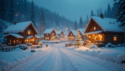 Fototapeta premium Warm lights glowing from wooden cabins in cozy alpine village surrounded by snowy pine forest at night