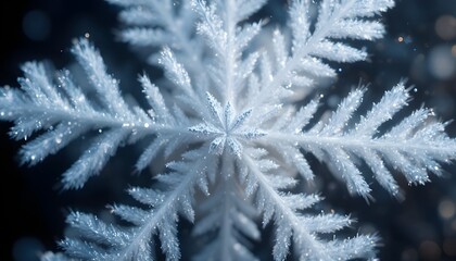 Close-up view of intricate snowflake ice crystal showing perfect symmetry on soft blue winter background