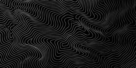 Abstract topographic map contour lines pattern on a dark background with white wavy lines creating a sense of depth and movement © PabanBiswas