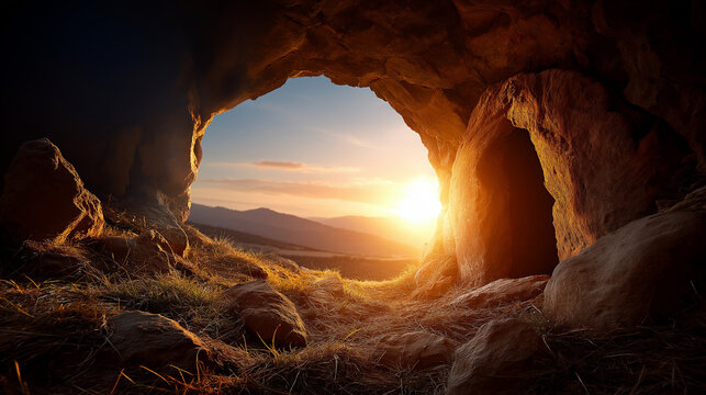 Miraculous resurrection of Jesus Christ at empty tomb entrance during beautiful golden sunrise morning light Easter Sunday celebration Christian faith cornerstone event vacant