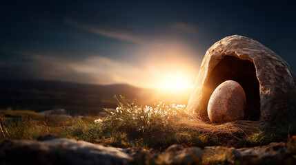Miraculous resurrection of Jesus Christ at empty tomb entrance during beautiful golden sunrise morning light Easter Sunday celebration Christian faith cornerstone event vacant