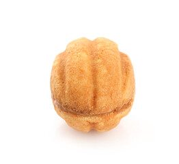 Delicious nut shaped cookie with boiled condensed milk isolated on white