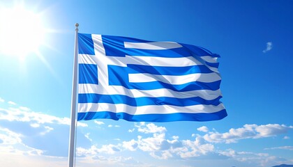 The Hellenic Republic's blue and white national flag waving gracefully in the wind against a brilliant, sun-drenched blue sky