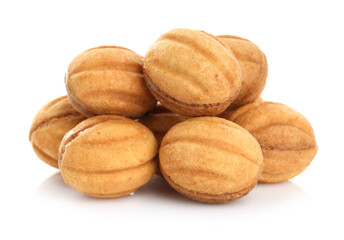Delicious nut shaped cookies with boiled condensed milk isolated on white