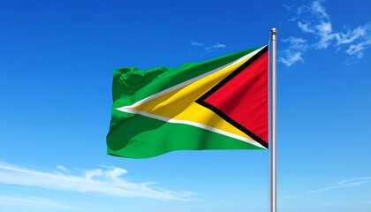 A realistic and vibrant depiction of the national flag of Guyana, The Golden Arrowhead, waving gracefully against a clear blue sky