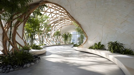 Futuristic bamboo pavilion with curved organic structure, modern biophilic architecture design with natural light and greenery.