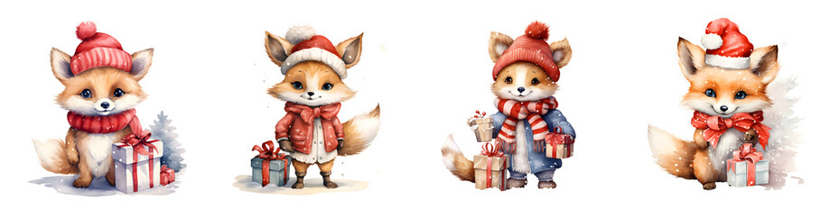 Four adorable foxes wearing Santa hats and winter clothes with gifts and snow transparent background