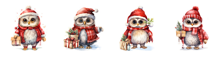 Four festive cartoon owls wearing Christmas hats and scarves holding gifts isolate