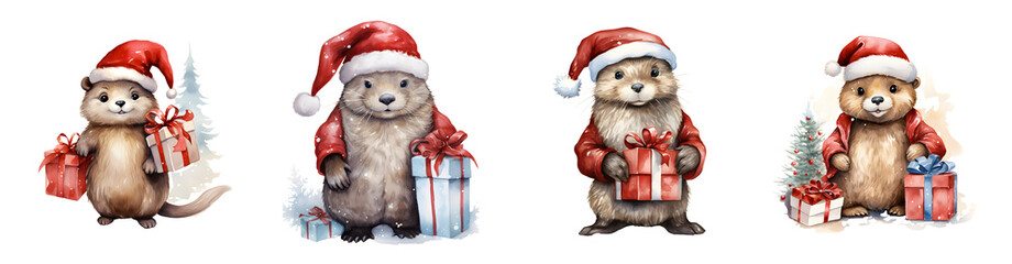 Four festive groundhogs wearing Santa hats and festive attire holding gifts transparent background