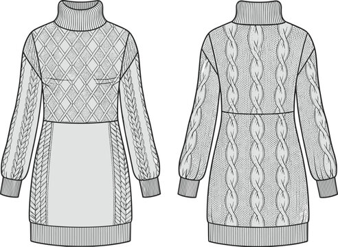 Sweater dress, cable knit pattern, turtleneck collar, balloon sleeves, ribbed hem, fashion sketch, garment template, cad drawing flat vector illustration