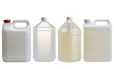 Four plastic containers for industrial use, perfect for product mockups or showcasing various liquids, showcasing packaging options, versatile for diverse applications