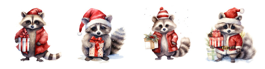 Four adorable raccoons dressed in festive holiday attire holding gifts isolate