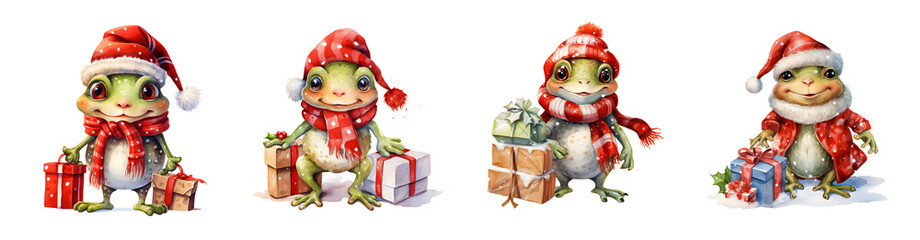Four cute cartoon frogs wearing Christmas hats and scarves holding gifts transparent background