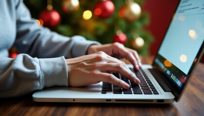 Festive holiday season online shopping with laptop and christmas tree in background