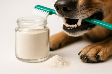 Dog mouth holding a green toothbrush with visible teeth, a glass jar of dental hygiene powder, and a small pile of powder on white background, illustrating pet oral care