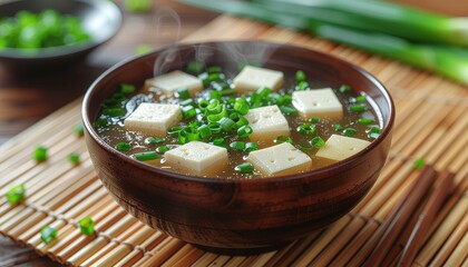 A steaming bowl of traditional Japanese miso soup with tofu and chopped green onions, served in a wooden bowl