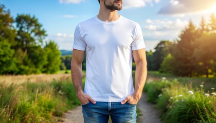 Man wearing a blank white t-shirt and denim jeans standing in a path outdoors