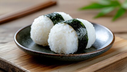 Delicious Rice Balls with Nori Seaweed on a Plate A Culinary Delight