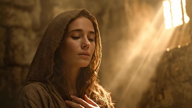 A young woman praying with faith in a dark stone room. Biblical character looking up towards a divine light from a window. Concept of hope and spiritual devotion