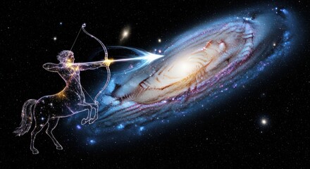 Cosmic archer illustration a centaur aiming an arrow at a vibrant distant galaxy concept
