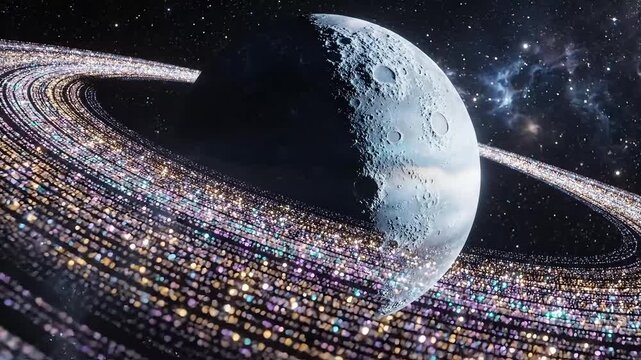Majestic ringed planet glowing with cosmic light in the vast expanse of space