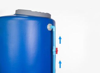 Blue Cylindrical PE Plastic Water Storage Tank with PVC Inlet Pipe, Isolated on White