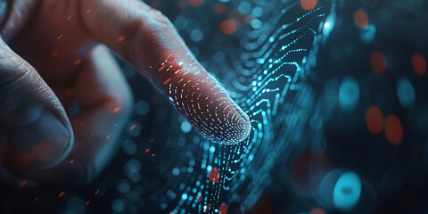 Fingerprint scan unlocking futuristic digital network with glowing connections and data points.