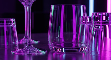 Illuminated glassware reflecting vibrant neon lights creates a contemporary still life composition