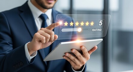 Businessman interacting with a futuristic holographic financial interface on a tablet