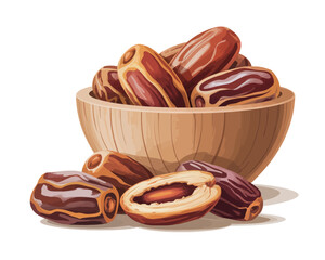 Fresh ripe dates piled high in a wooden bowl with some scattered around