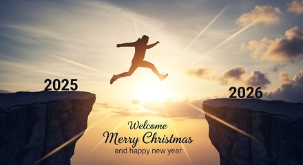 Man jumping cliff into new year 2026 from 2025 with sunset and clouds