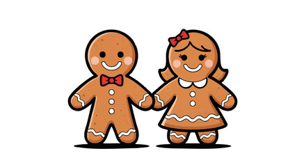 Cartoon illustration of a gingerbread man and gingerbread woman holding hands, both smiling, against a white background.
