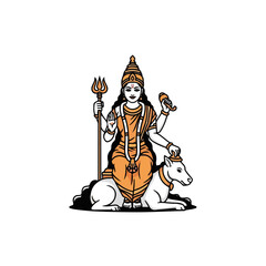 Isolated Hindu goddess icon displaying traditional symbolism and spiritual significance. Hindu goddess representation with cow, trident, and multiple arms symbolizes power and divinity.