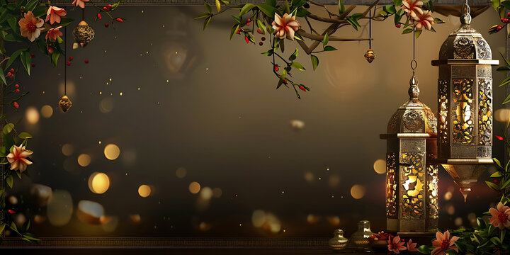 Ornate lanterns glow with warm light amidst blooming flowers and bokeh