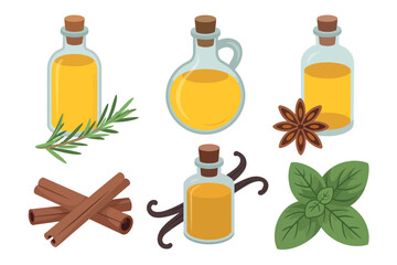 Collection of essential oils and spices in bottles with natural ingredients