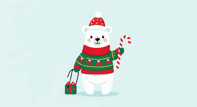 Cartoon polar bear wearing a Christmas sweater and hat, holding a candy cane and pulling a gift box.