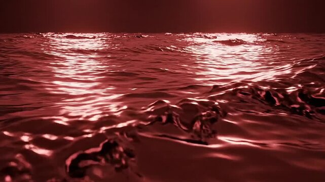 Crimson waves glisten under a dark, moody sky, reflecting an ethereal glow.