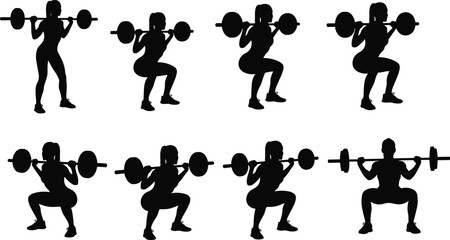 Barbell squat exercise, fitness training silhouette, gym workout posture, strength training movement, bodybuilding squat form, athletic performance, lower body workout, health