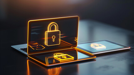 Laptop e tablet com pasta holográfica e cadeado brilhante, conceito de cibersegurança, compliance e backup em nuvem. Luz de recorte, reflexos suaves e fundo limpo com espaço para copy