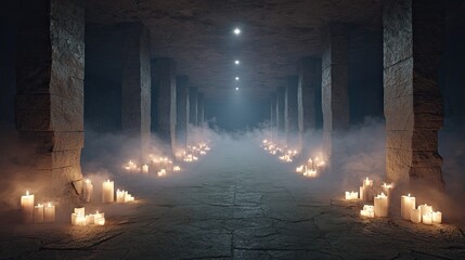 Dark stone corridor with glowing candles and mist creating mysterious ancient atmosphere with light and shadow contrast