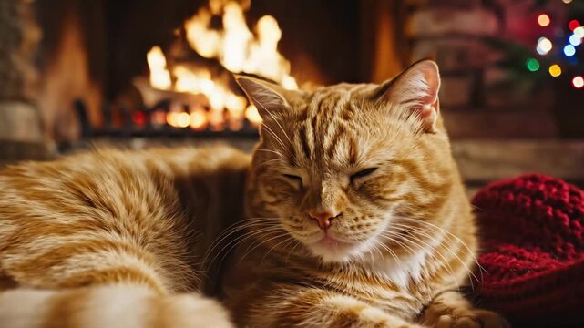 ginger cat sleeps on soft rug by cozy fireplace and christmas tree. warm winter holiday scene. new year celebration. greeting card, banner background.
